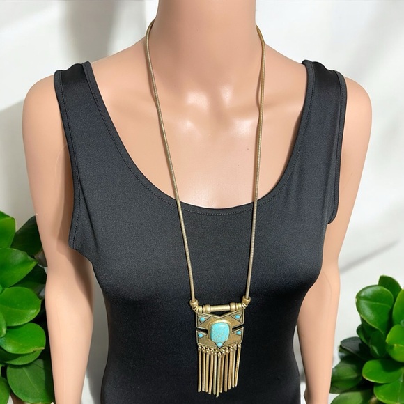 Gold Turquoise Fringe Necklace & Earring Set - Picture 10 of 16